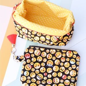 2 large emoji cosmetics zipper bags. Boxed bottom bags for travel